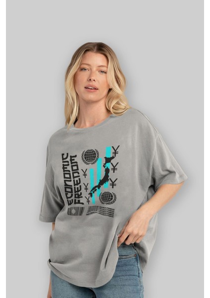 Economic Freedom Ön Baskılı Gri Oversize T-Shirt Unisex Erkek Kadın Bisiklet Yaka fırsatları