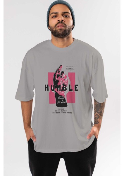 Humble Ön Baskılı Gri Oversize T-Shirt Unisex Erkek Kadın Bisiklet Yaka