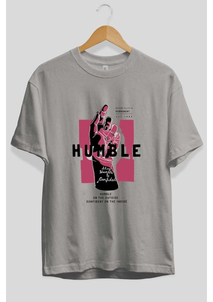 Humble Ön Baskılı Gri Oversize T-Shirt Unisex Erkek Kadın Bisiklet Yaka fiyatları