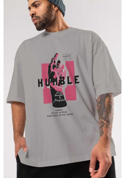 Humble Ön Baskılı Gri Oversize T-Shirt Unisex Erkek Kadın Bisiklet Yaka modelleri