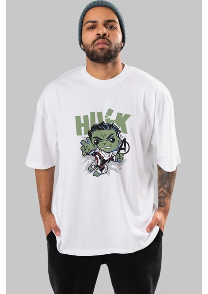 Hulk (8) Ön Baskılı Beyaz Oversize T-Shirt Bisiklet Yaka Erkek Kadın