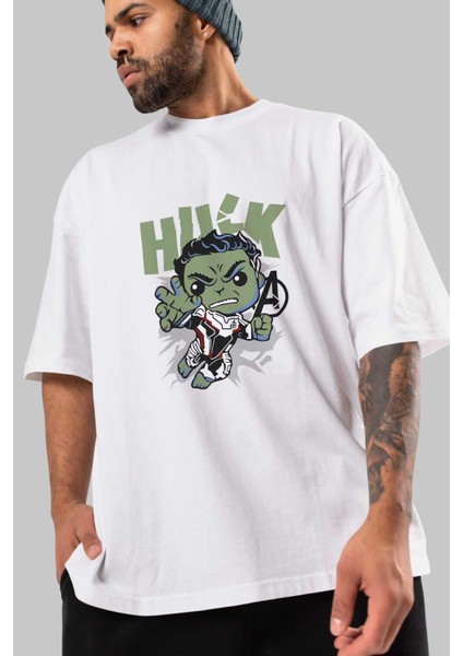 Hulk (8) Ön Baskılı Beyaz Oversize T-Shirt Bisiklet Yaka Erkek Kadın modelleri