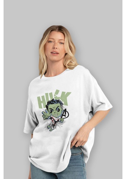 Hulk (8) Ön Baskılı Beyaz Oversize T-Shirt Bisiklet Yaka Erkek Kadın fırsatları