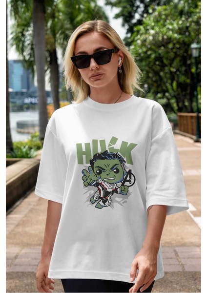 Hulk (8) Ön Baskılı Beyaz Oversize T-Shirt Bisiklet Yaka Erkek Kadın indirimleri