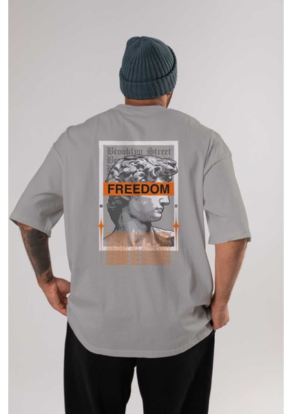 Brooklyn Street Arka Baskılı Gri Oversize T-Shirt Unisex Erkek Kadın Bisiklet Yaka