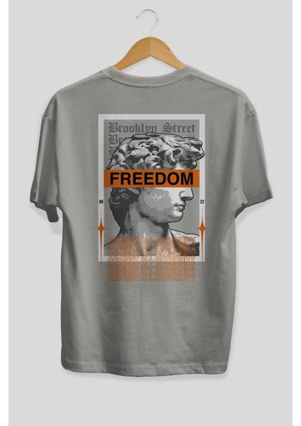 Brooklyn Street Arka Baskılı Gri Oversize T-Shirt Unisex Erkek Kadın Bisiklet Yaka fiyatları