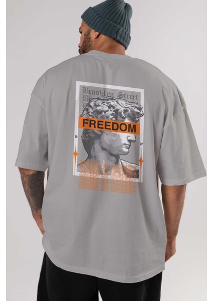 Brooklyn Street Arka Baskılı Gri Oversize T-Shirt Unisex Erkek Kadın Bisiklet Yaka indirimleri