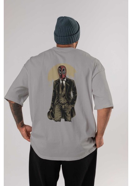 Classic Mercenary Arka Baskılı Gri Oversize T-Shirt Unisex Erkek Kadın Bisiklet Yaka