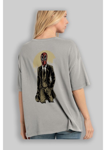 Classic Mercenary Arka Baskılı Gri Oversize T-Shirt Unisex Erkek Kadın Bisiklet Yaka modelleri