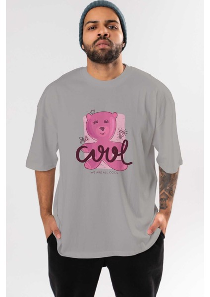 Cool Style Bear Ön Baskılı Gri Oversize T-Shirt Unisex Erkek Kadın Bisiklet Yaka