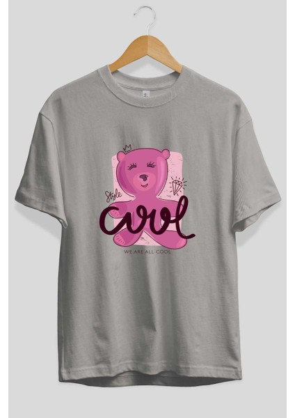 Cool Style Bear Ön Baskılı Gri Oversize T-Shirt Unisex Erkek Kadın Bisiklet Yaka fiyatları
