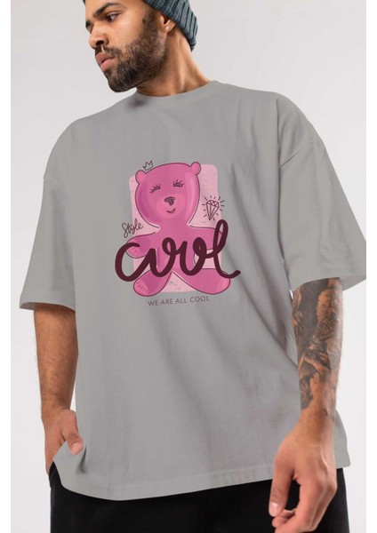 Cool Style Bear Ön Baskılı Gri Oversize T-Shirt Unisex Erkek Kadın Bisiklet Yaka modelleri