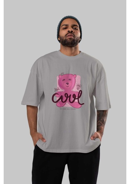 Cool Style Bear Ön Baskılı Gri Oversize T-Shirt Unisex Erkek Kadın Bisiklet Yaka indirimleri