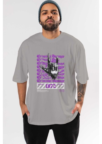 Criminal Damage 2 Ön Baskılı Gri Oversize T-Shirt Unisex Erkek Kadın Bisiklet Yaka