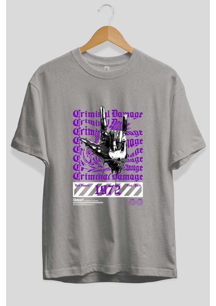 Criminal Damage 2 Ön Baskılı Gri Oversize T-Shirt Unisex Erkek Kadın Bisiklet Yaka fiyatları