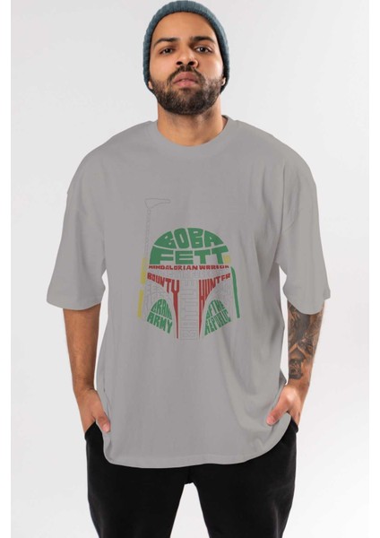 Boba Fett Ön Baskılı Gri Oversize T-Shirt Unisex Erkek Kadın Bisiklet Yaka