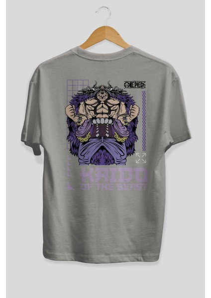 Kaido Of The Beast Arka Baskılı Gri Oversize T-Shirt Unisex Erkek Kadın Bisiklet Yaka fiyatları