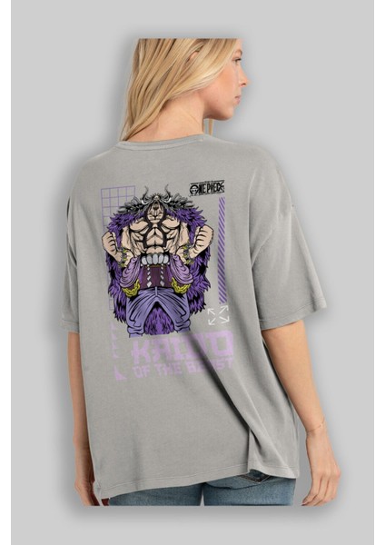Kaido Of The Beast Arka Baskılı Gri Oversize T-Shirt Unisex Erkek Kadın Bisiklet Yaka modelleri