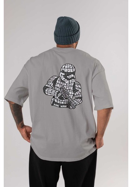 First Order Arka Baskılı Gri Oversize T-Shirt Unisex Erkek Kadın Bisiklet Yaka