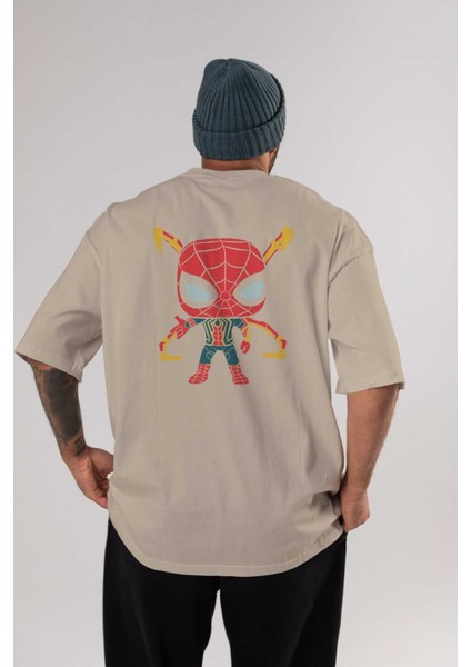 Spiderman (17) Arka Baskılı Bej Oversize T-Shirt Bisiklet Yaka Pamuk Erkek Kadın