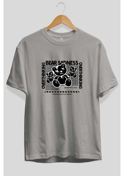 Bear Sadness 2 Ön Baskılı Gri Oversize T-Shirt Unisex Erkek Kadın Bisiklet Yaka fiyatları