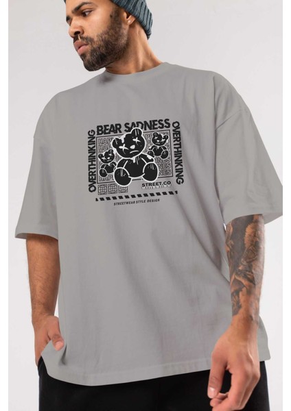 Bear Sadness 2 Ön Baskılı Gri Oversize T-Shirt Unisex Erkek Kadın Bisiklet Yaka modelleri