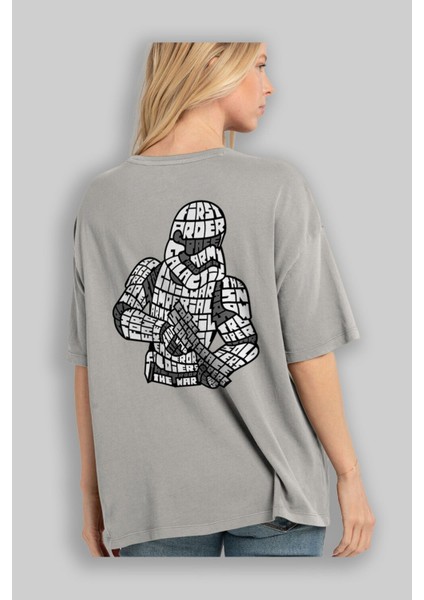 First Order Arka Baskılı Gri Oversize T-Shirt Unisex Erkek Kadın Bisiklet Yaka modelleri