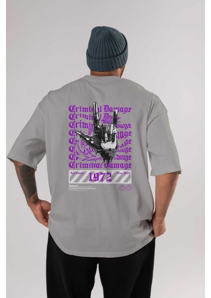 Criminal Damage 2 Arka Baskılı Gri Oversize T-Shirt Unisex Erkek Kadın Bisiklet Yaka