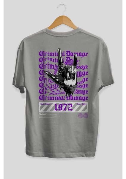 Criminal Damage 2 Arka Baskılı Gri Oversize T-Shirt Unisex Erkek Kadın Bisiklet Yaka