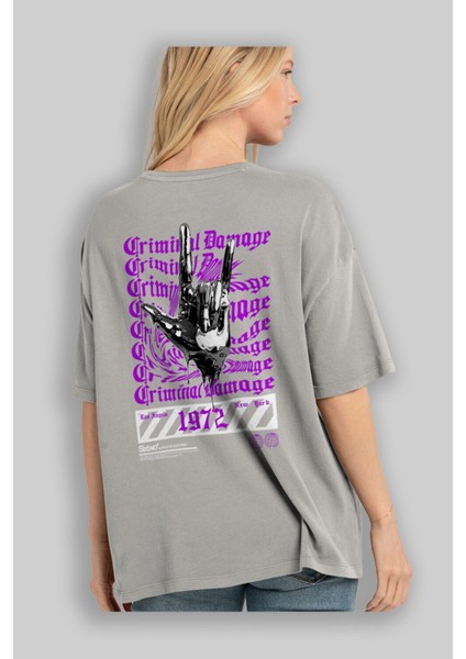 Criminal Damage 2 Arka Baskılı Gri Oversize T-Shirt Unisex Erkek Kadın Bisiklet Yaka