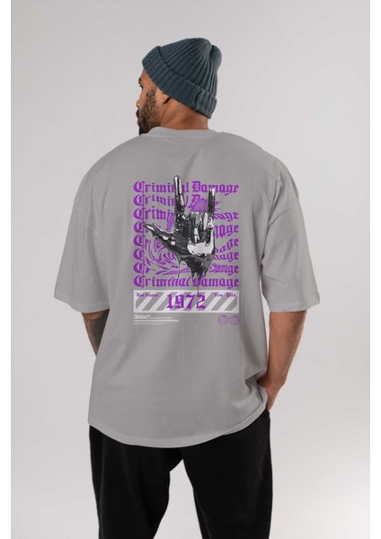 Criminal Damage 2 Arka Baskılı Gri Oversize T-Shirt Unisex Erkek Kadın Bisiklet Yaka