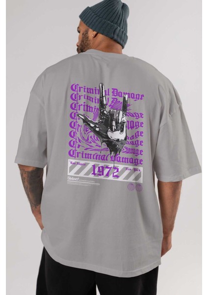 Criminal Damage 2 Arka Baskılı Gri Oversize T-Shirt Unisex Erkek Kadın Bisiklet Yaka