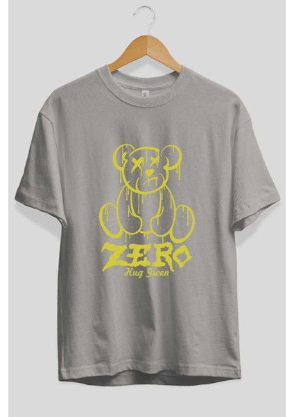 Zero Hug Given Bear Ön Baskılı Gri Oversize T-Shirt Unisex Erkek Kadın Bisiklet Yaka fiyatları