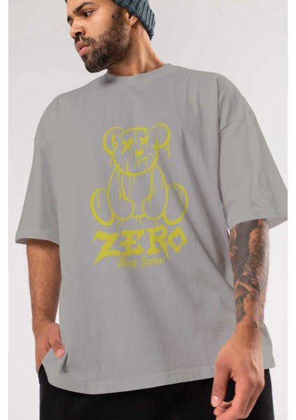 Zero Hug Given Bear Ön Baskılı Gri Oversize T-Shirt Unisex Erkek Kadın Bisiklet Yaka modelleri