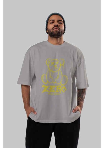 Zero Hug Given Bear Ön Baskılı Gri Oversize T-Shirt Unisex Erkek Kadın Bisiklet Yaka indirimleri
