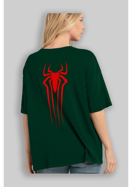 Spiderman Arka Baskılı Zümrüt Yeşili Oversize T-Shirt Unisex Erkek Kadın Bisiklet Yaka fırsatları