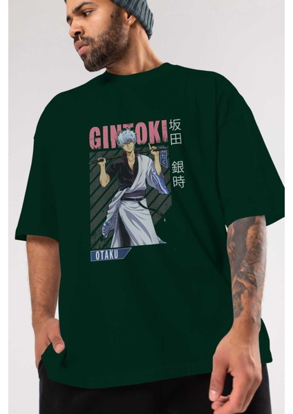 Gintoki Sakata Gıntama 3 Anime Ön Baskılı Zümrüt Yeşili Oversize T-Shirt Erkek Kadın modelleri