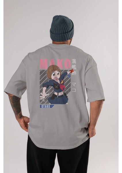 Mako Mankanshoku 2 Anime Arka Baskılı Gri Oversize T-Shirt %100 Pamuk Erkek Kadın