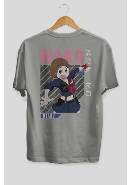 Mako Mankanshoku 2 Anime Arka Baskılı Gri Oversize T-Shirt %100 Pamuk Erkek Kadın fiyatları