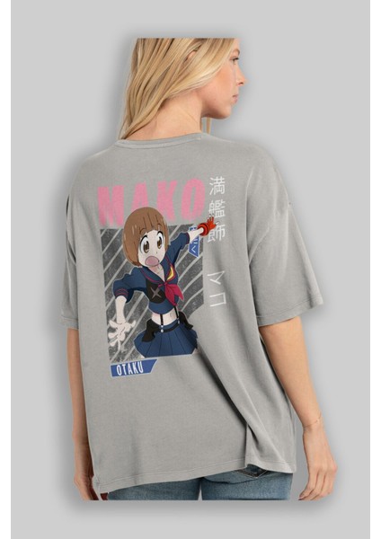 Mako Mankanshoku 2 Anime Arka Baskılı Gri Oversize T-Shirt %100 Pamuk Erkek Kadın modelleri