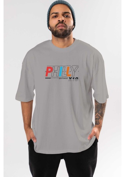 Philly Ön Baskılı Gri Oversize T-Shirt Unisex Erkek Kadın Bisiklet Yaka
