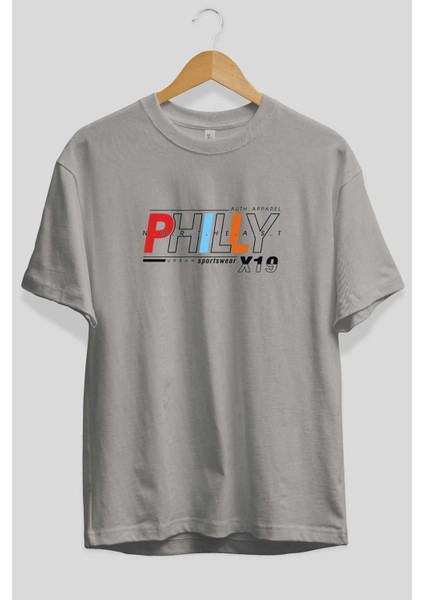 Philly Ön Baskılı Gri Oversize T-Shirt Unisex Erkek Kadın Bisiklet Yaka fiyatları