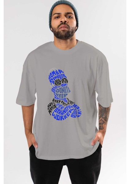 Homer Simpson Ön Baskılı Gri Oversize T-Shirt Unisex Erkek Kadın Bisiklet Yaka