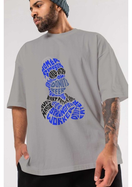 Homer Simpson Ön Baskılı Gri Oversize T-Shirt Unisex Erkek Kadın Bisiklet Yaka modelleri