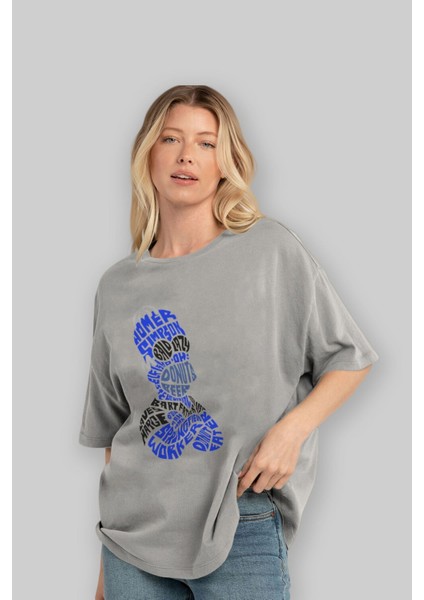 Homer Simpson Ön Baskılı Gri Oversize T-Shirt Unisex Erkek Kadın Bisiklet Yaka fırsatları