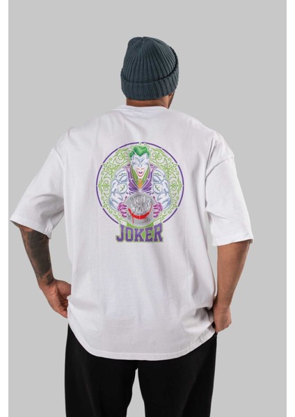 Joker Gym Arka Baskılı Beyaz Oversize T-Shirt Bisiklet Yaka Pamuk Erkek Kadın