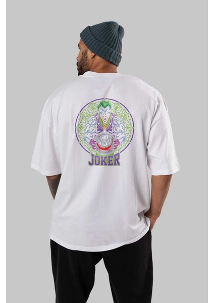 Joker Gym Arka Baskılı Beyaz Oversize T-Shirt Bisiklet Yaka Pamuk Erkek Kadın fırsatları