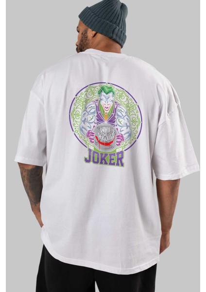 Joker Gym Arka Baskılı Beyaz Oversize T-Shirt Bisiklet Yaka Pamuk Erkek Kadın indirimleri