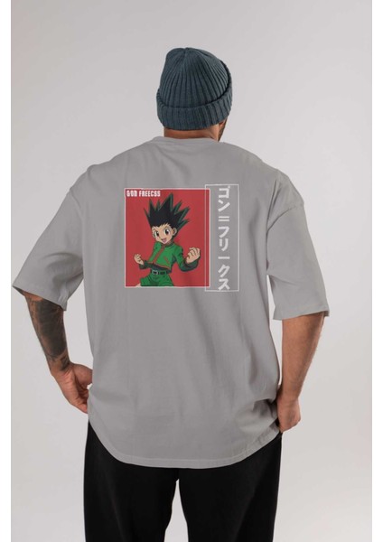 Gon Freecss Hunter x Hunter 5 Anime Arka Baskılı Gri Oversize T-Shirt %100 Pamuk Erkek Kadın