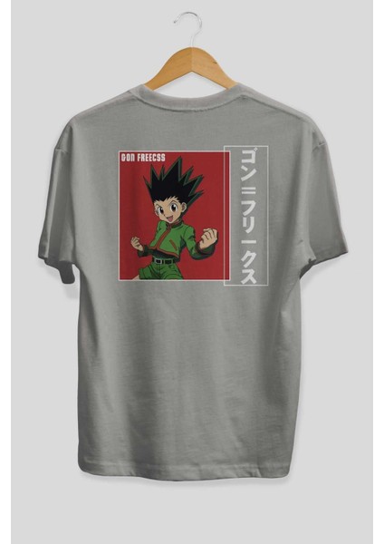 Gon Freecss Hunter x Hunter 5 Anime Arka Baskılı Gri Oversize T-Shirt %100 Pamuk Erkek Kadın fiyatları